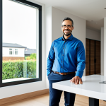 A professional domestic manager in a modest business casual attire, standing in an elegant modern smart home, using a tablet to interact with smart home systems. The environment is clean, organized, and filled with natural light. The pose is natural and professional.