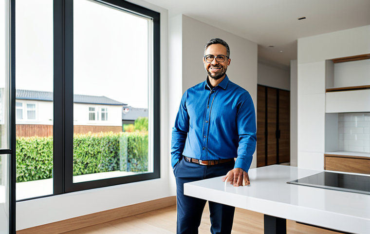 A professional domestic manager in a modest business casual attire, standing in an elegant modern smart home, using a tablet to interact with smart home systems. The environment is clean, organized, and filled with natural light. The pose is natural and professional.